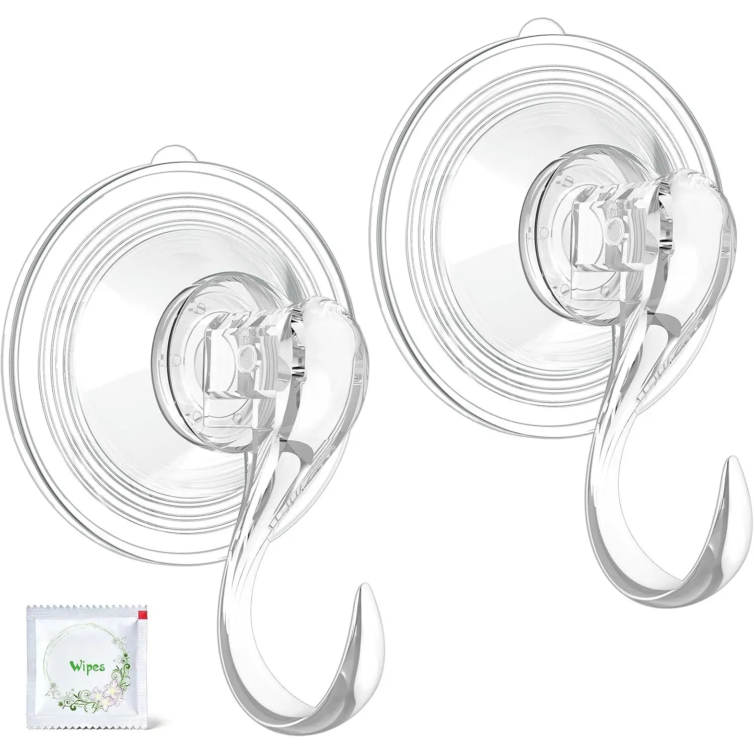Plastic Suction Wreath Hook Accessory, 2-Count, 22 Lb Capacity, Large, Decorative, Heavy-Duty, Removable, Invisible Design, Locking Technology, Easy Installation, Vacuum Suction, Fit for Smooth Flat Surfaces with Wipes, Transparent