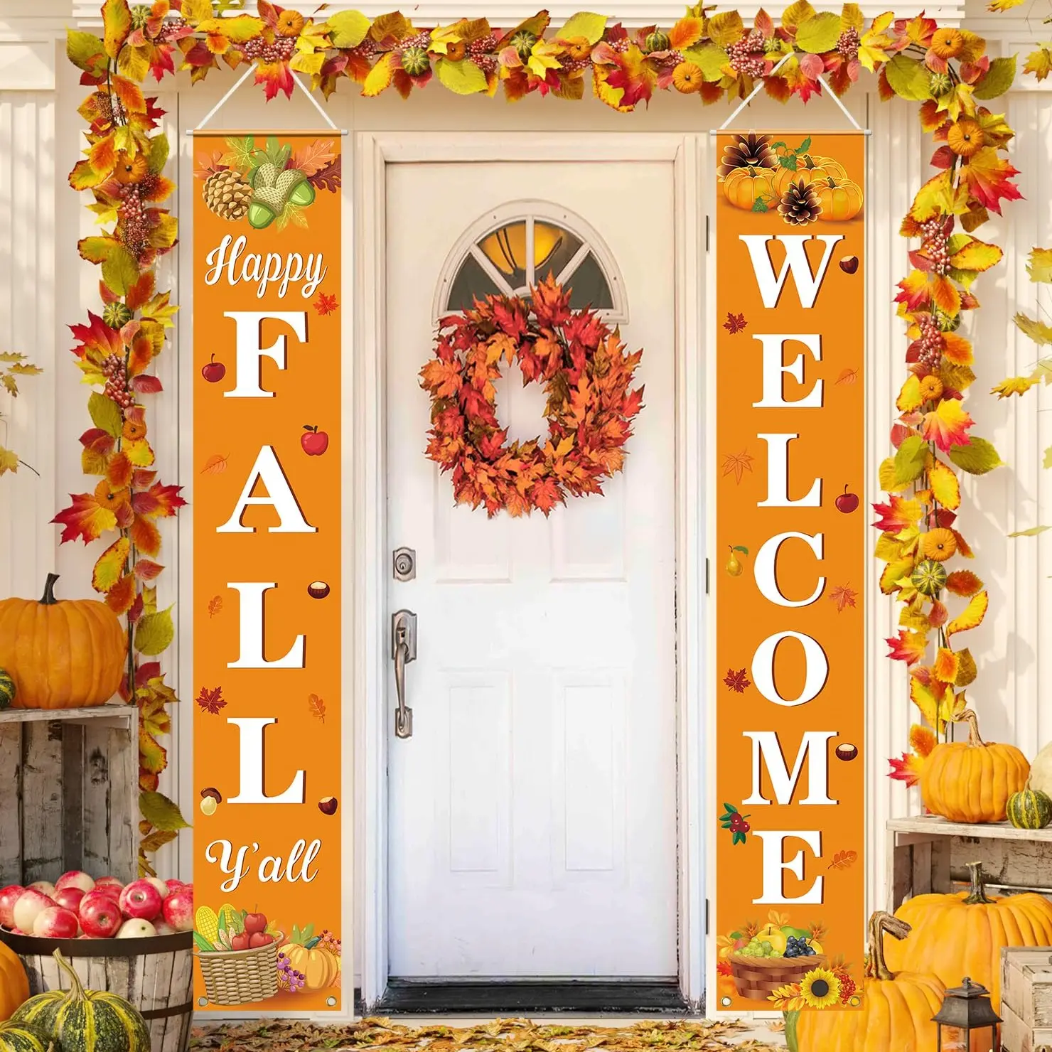 Fall Decoration Home Decor, Happy Fall Welcome Hanging Banner, Porch Sign, Harvest Thanksgiving Decor, Outdoor Decorations