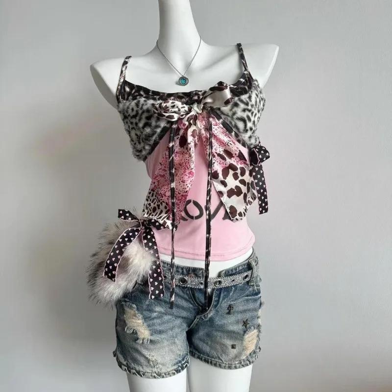 90s Harajuku Vintage Slim Camisole Subculture Leopard Patchwork Bow Halter Vest Y2K Aesthetic Letter Print Tanks Slim Women Tops