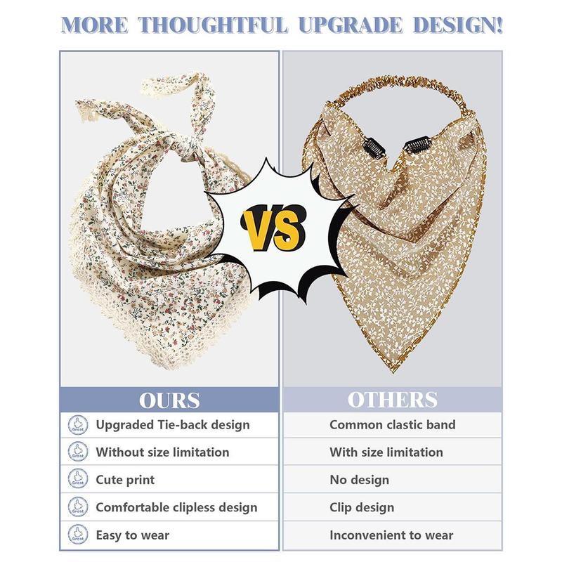 AWAYTR 3Pcs/Set Flower Printed Hair Bandanas Headbands Solid Color Chiffon Head Kerchief for Women Girls Bohemian Hair Scarf Floral Lace Edge Headband Bandana