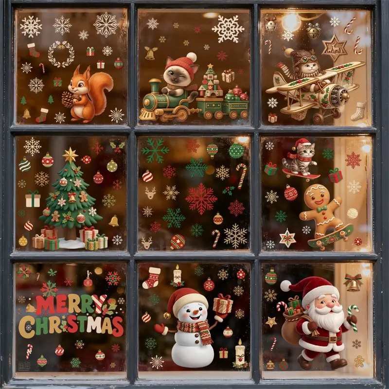 9sheets/set Snowflake Christmas window stickers, Santa Claus Christmas Tree Snowman Gingerbread Man static stickers, Train Plane Cat Squirrel electrostatic paste glass paste mall hotel french window Christmas decoration