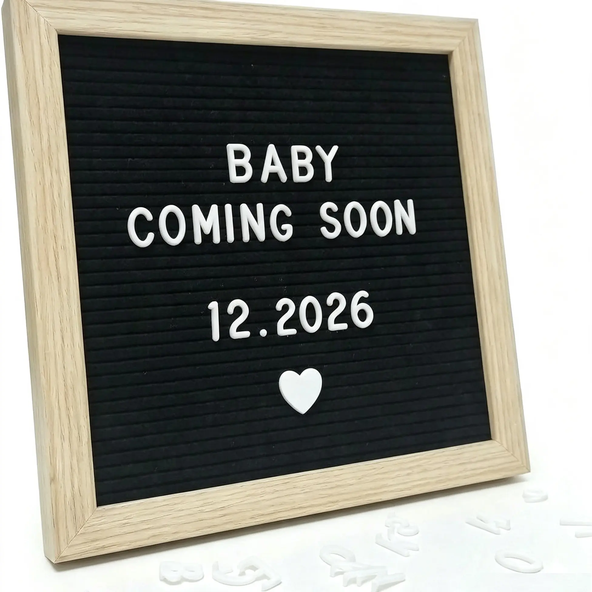 Black Felt Letter Board 10x10in, Baby Announcement Sign, Decor Signs, Letter Kit | Pregnancy milestone display with wooden frame, wall mount or stand for nursery photos and keepsake moments
