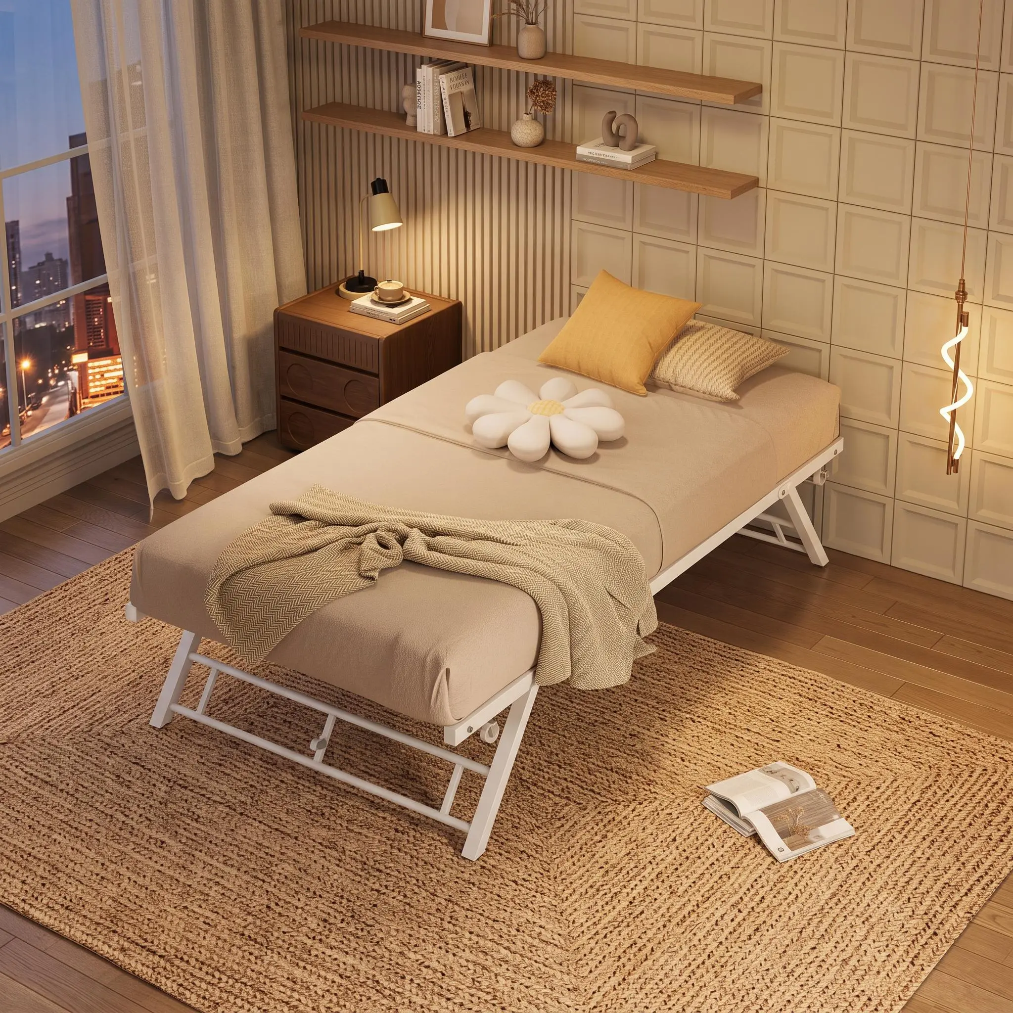 【IdealHouse】Space‑Saving Twin Size Pop‑Up Trundle Bed Frame, Collapsible Metal Platform Daybed with Lockable Casters, Reinforced Sturdy Metal Slats, Portable Guest Bed Perfect for Kids Room and Guest Room