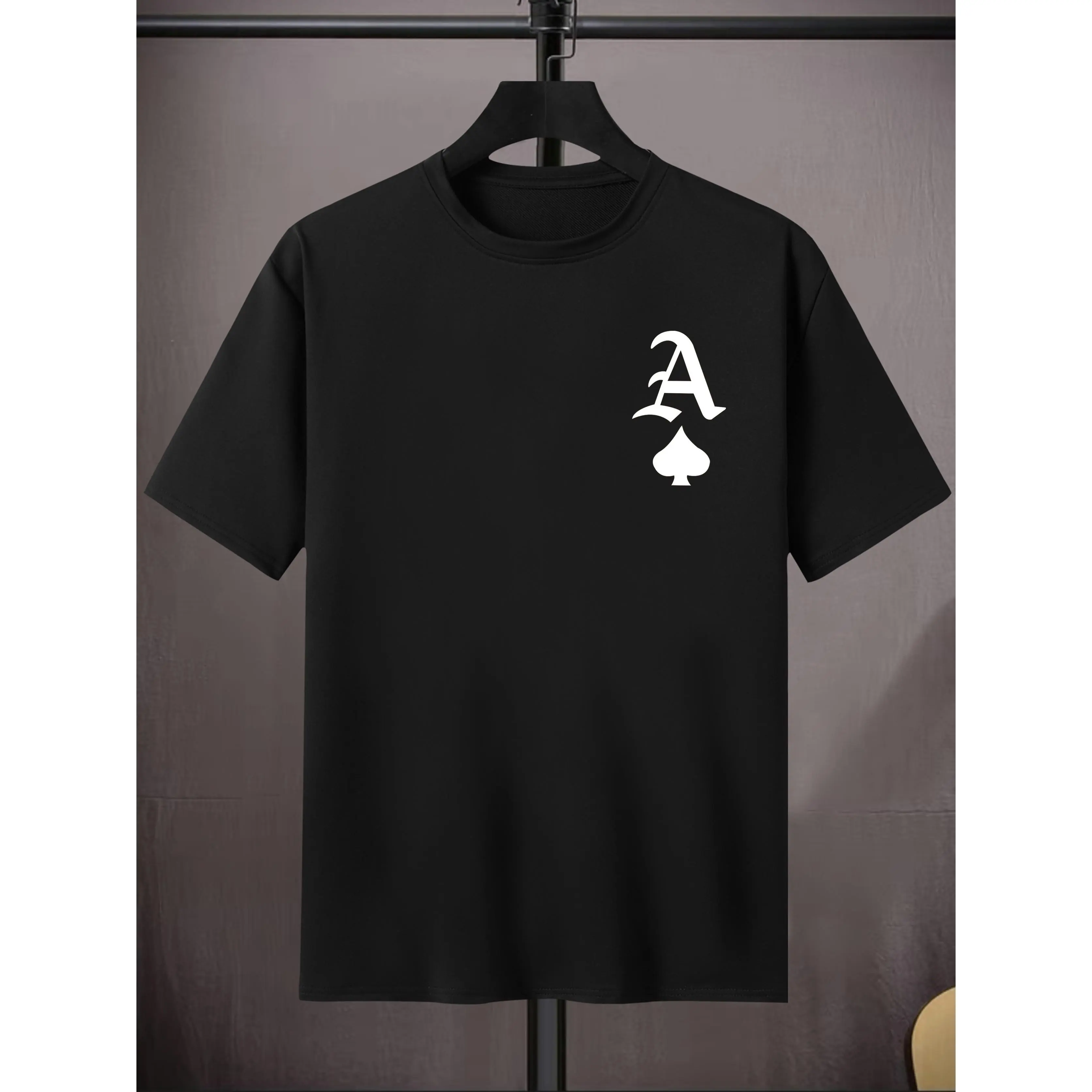 Men'S Casual Crew Neck T-Shirt with Ace of Spades Print, Cotton Knit Fabric, Regular Fit, Medium Stretch, for Teen & Adult - Spring/Summer/Fall