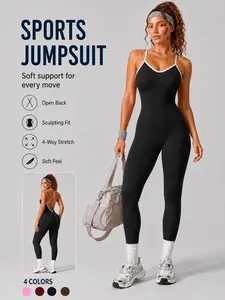 Women's Workout Bodysuit Spaghetti Strap with Removable Pads Cross Back Comfortable Seamless Butt Four Way Stretch Breathable Butt Lifting Tummy Control One Piece Yoga Jumpsuit, Sports Jumpsuit for Gym Running Pilates Outdoor Fitness