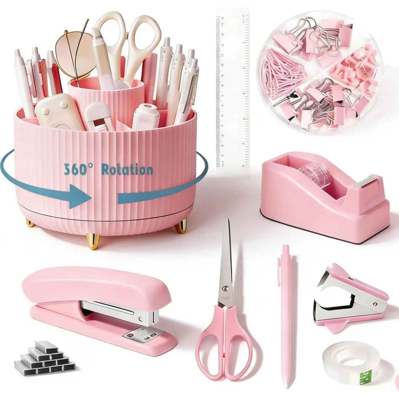Pink Desk Organizers and Accessories Set with 360-Degree Rotating Pen Holder, Tape Dispenser, Stapler, Staple Remover, 1000 Staples, Tape, Clips Set, Ruler, Scissor, Pen