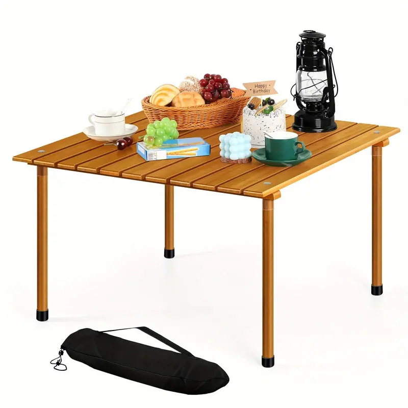 Foldable camping table, roll-up folding table with storage bag, portable picnic table, low-profile beach table suitable for outdoor use, travel, barbecues, and hiking, easy to assemble (natural wood color)