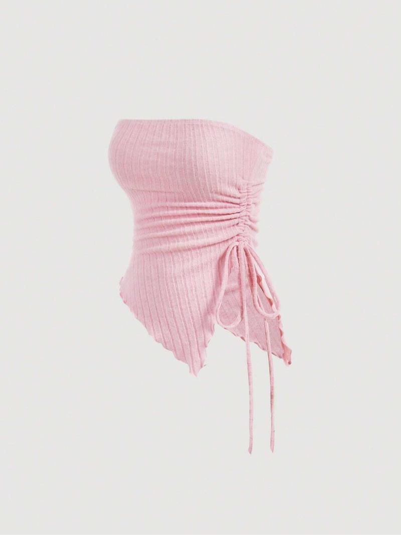 Women's Solid Ruched Backless Crop Tube Top, Casual Drawstring Asymmetrical Hem Sleeveless Top for Summer, Minimalist Women's Clothing for Daily Wear, Casual Fitted Sleeveless Women's Solid Ruched Backless Crop Tube Top, Casual Drawstring Asymmetrical Hem Sleeveless Top for Summer, Minimalist Women's Clothing for Daily Wear, Casual Fitted Sleeveless