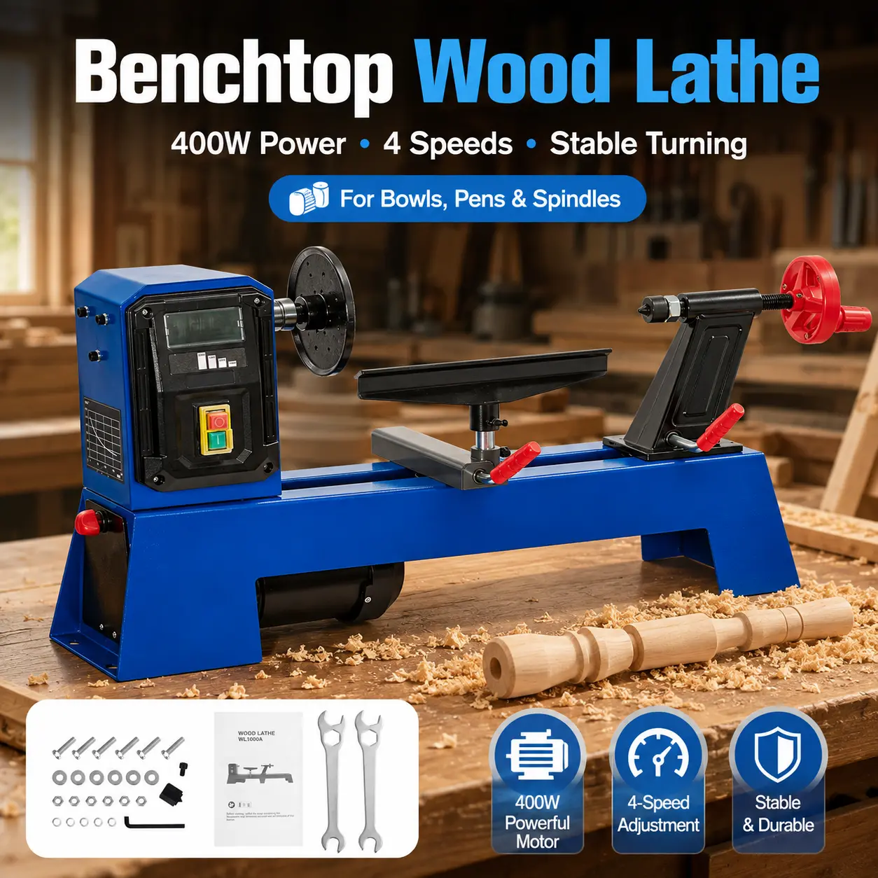 Benchtop Wood Lathe, 400W 14" x 40" Wood Turning Lathe - 4-Speed 1040/1480/2130/2980 RPM - Faceplate & Tool Wrenches for Sanding/Polishing