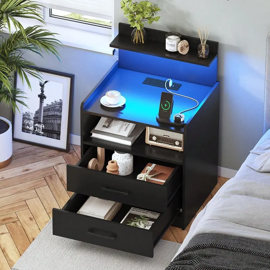 Modern MDF Wood Compact Plain Rectangular Bedroom Nightstand - 28.3" Bedfit Check End Side Table with Drawers, LED Lighting, Multi-Outlets, Waterproof Surface, Book Shelf, Charging Station, Durable Clean Design, Assembly Required