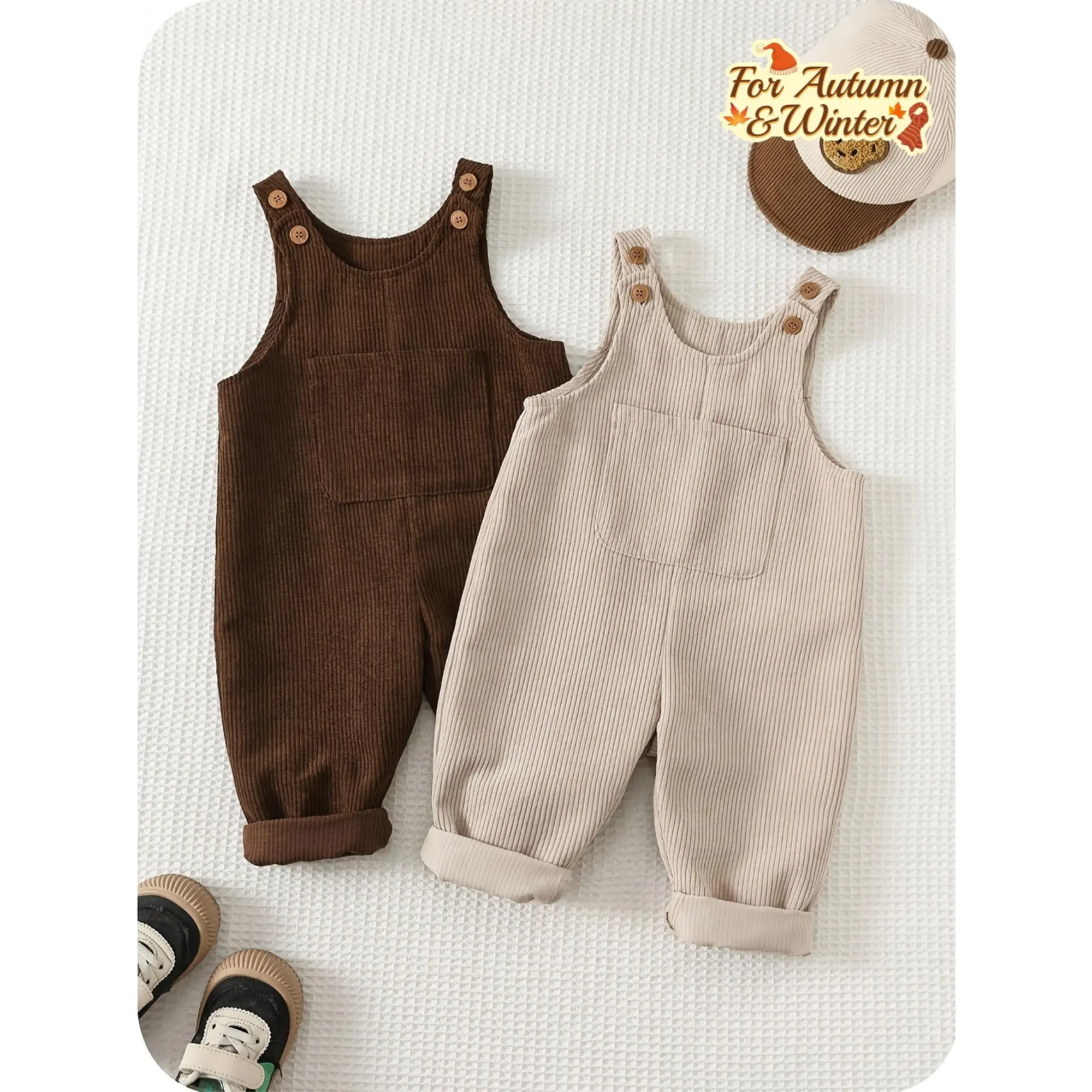 2pcs Set Boys' Solid Color Warm Comfortable Multifunctional Casual Fashion Corduroy Romper Overalls Unisex Children's Clothing Brown Children's Workwear Suitable for Autumn Winter Spring Indoor Outdoor Daily Wear Sports Play Gatherings Gift, Perfect