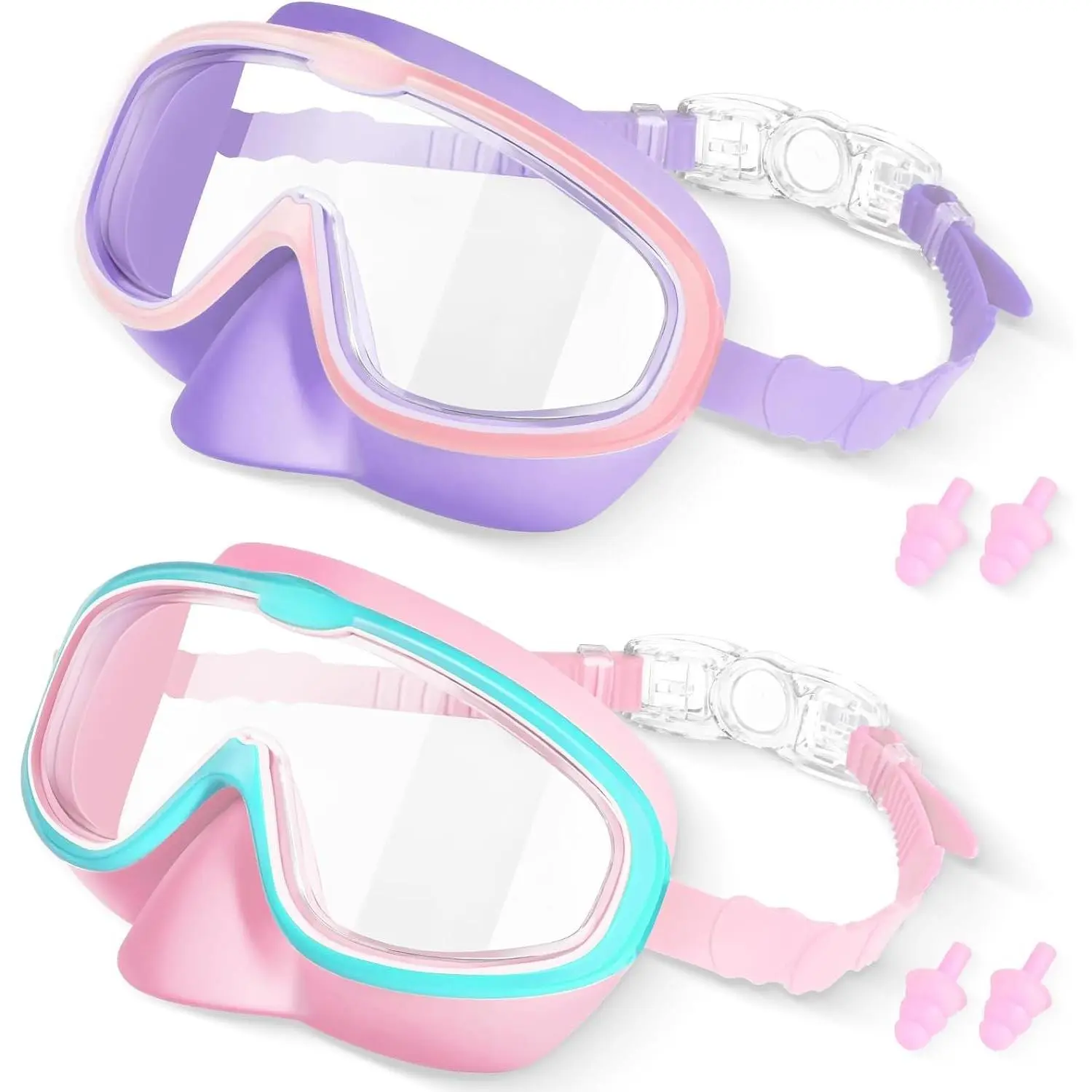 Swim Goggles 2 Pack for 3-12, Anti-Fog Clear View, Goggles with Nose Cover Swimming Goggles