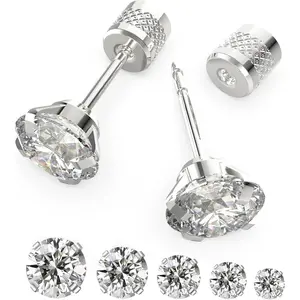 5-6 pairs Push-in Flat Back Stud Earrings Hypoallergenic Surgical Stainless Steel Cubic Zirconia Earrings Studs Set Multi-Pack, CZ Stud Earrings for Women Men Trendy Cartilage Stud Earrings 2-8mm