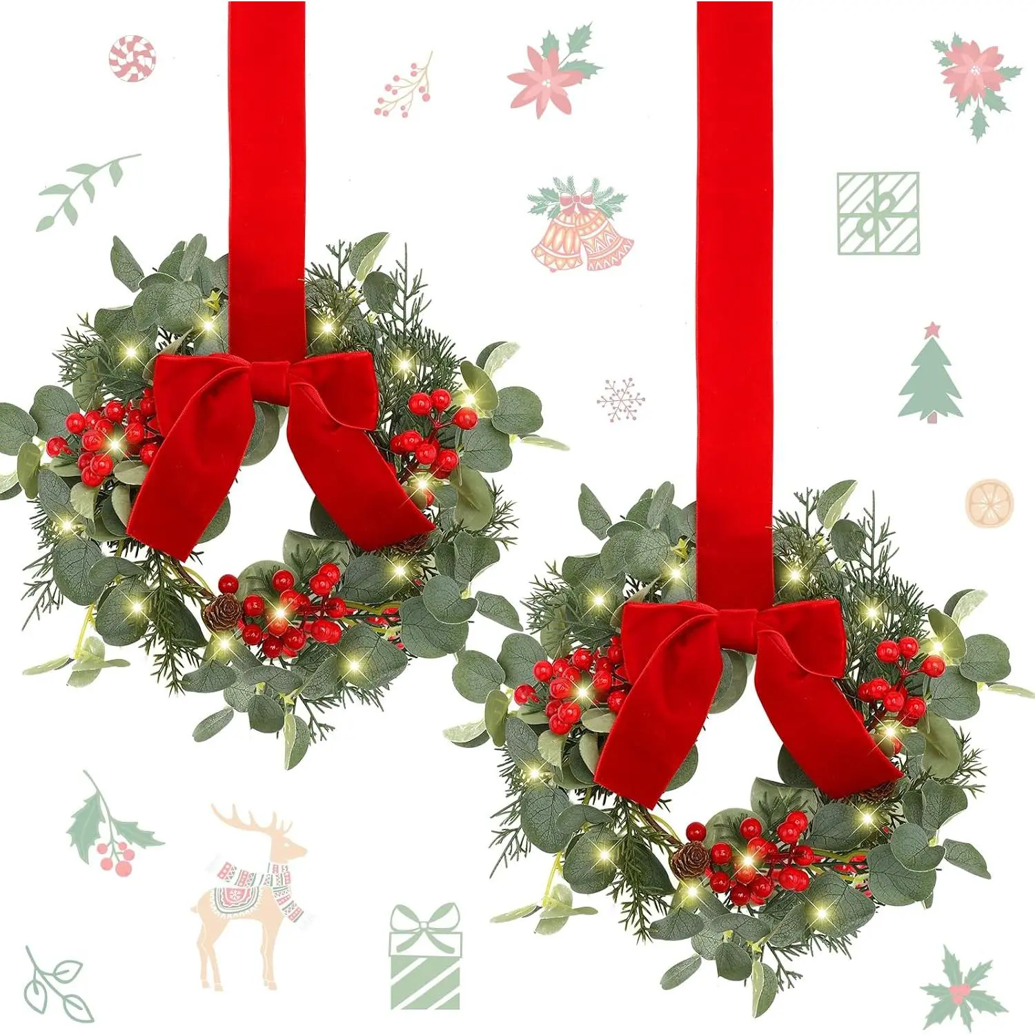 2 Pieces 9" Mini Christmas Wreath with Light Red Berry Kitchen Cabinet Wreaths Mini Farmhouse Wreath with Red Velvet Bow for Xmas Porch Wall Window Decor(Christmas Eucalyptus Style)
