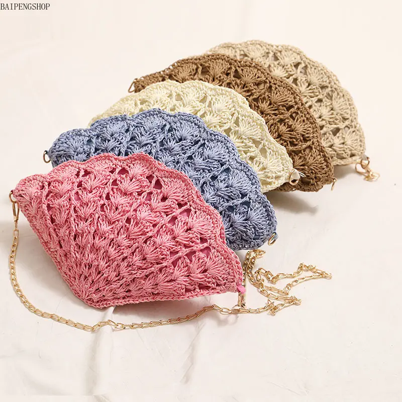 Boho Openwork Lace Crossbody Bag - Fan-Shaped Paper Weave Clutch with Seashell Embellishment, Compact, Urban Simplicity Design for Beach Resort Vacation (Boho Crossbody Bags for Women), Woven Bag