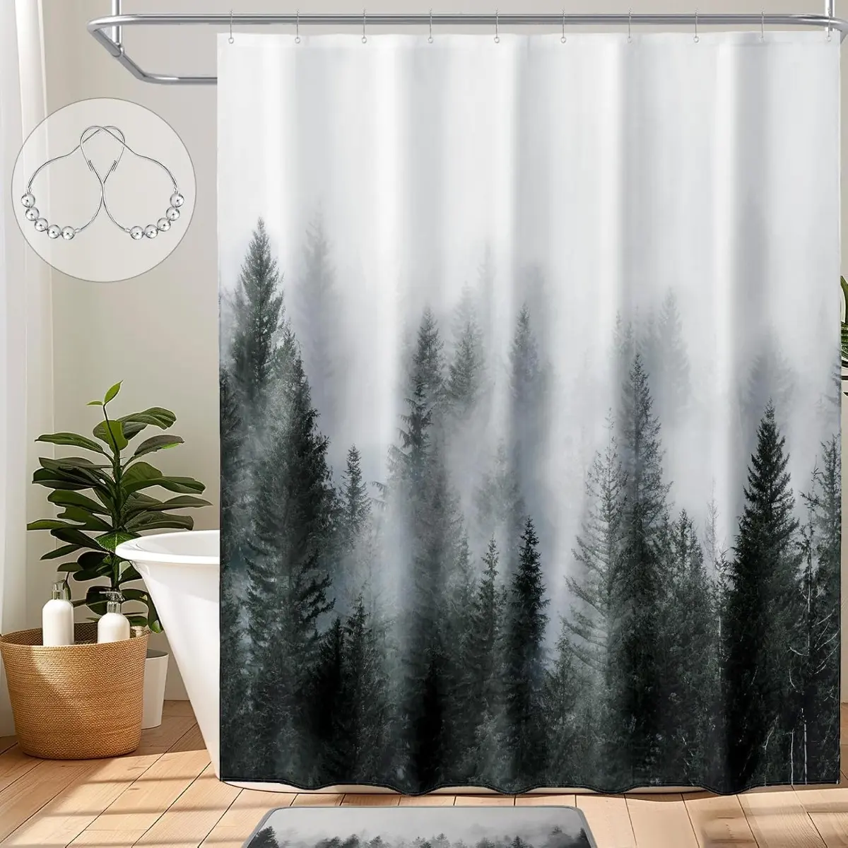 Dark Green Misty Forest Shower Curtain, Foggy Pine Tree Woodland Shower Curtain Set with Hooks, Nature Landscape Bathroom Decor Curtain for Rustic Modern Home