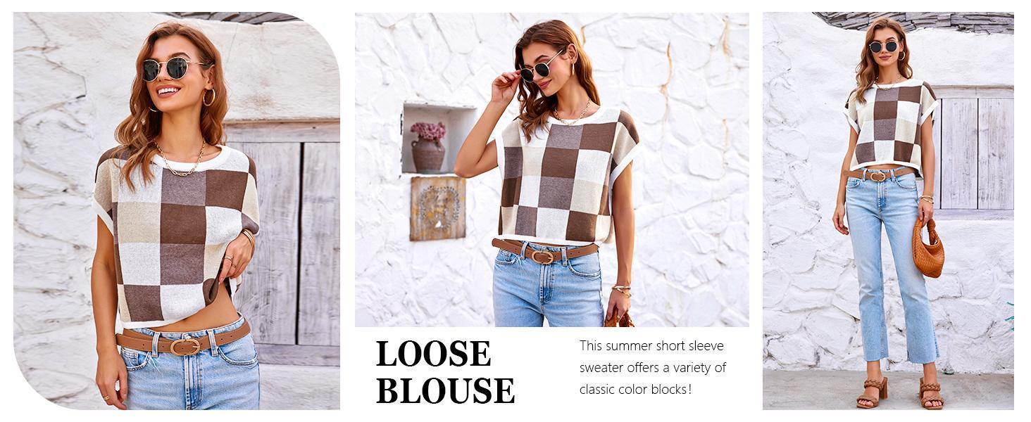 Imily Bela Womens Cap Sleeve Crop Tops Summer Color Block Going Out Crew Neck Knit Trendy Casual Sweater in Brown & Beige