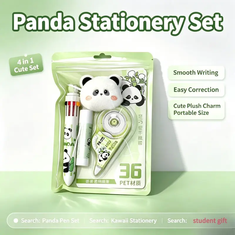 Cute Panda 4pcs Stationery Set, Multi Color Ballpoint Pen, Correction Tape, Glue Stick, Fluffy Panda Topper, Kawaii School Supplies for Kids