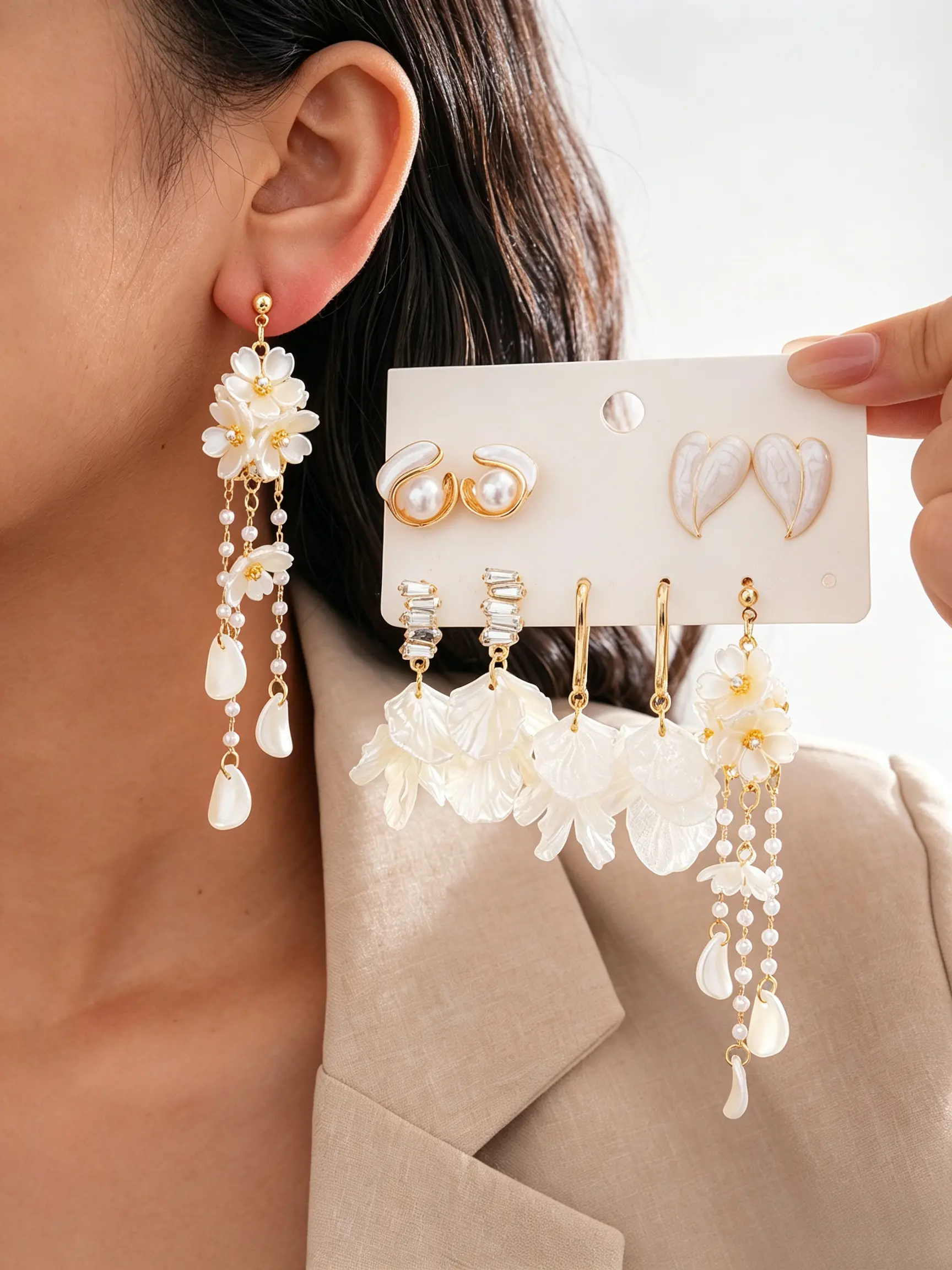 5 Pairs Vintage Elegant Geometric Heart Earrings Set, Shell Rhinestone Artificial Pearl Flower Fringe Dangel Earrings for Women