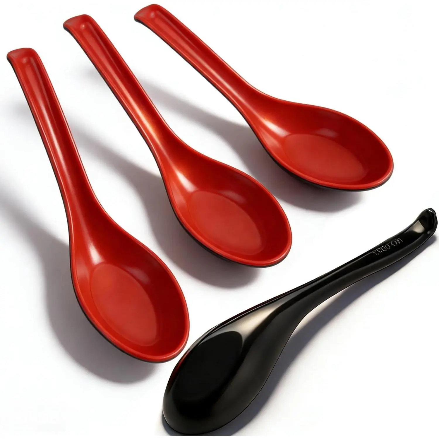 4PCS Asian Soup Spoons, Chinese Japanese Miso Ramen Wonton Dumpling Pho Rice Noodle Soba Soup Spoons, Red and Black Melamine Spoons