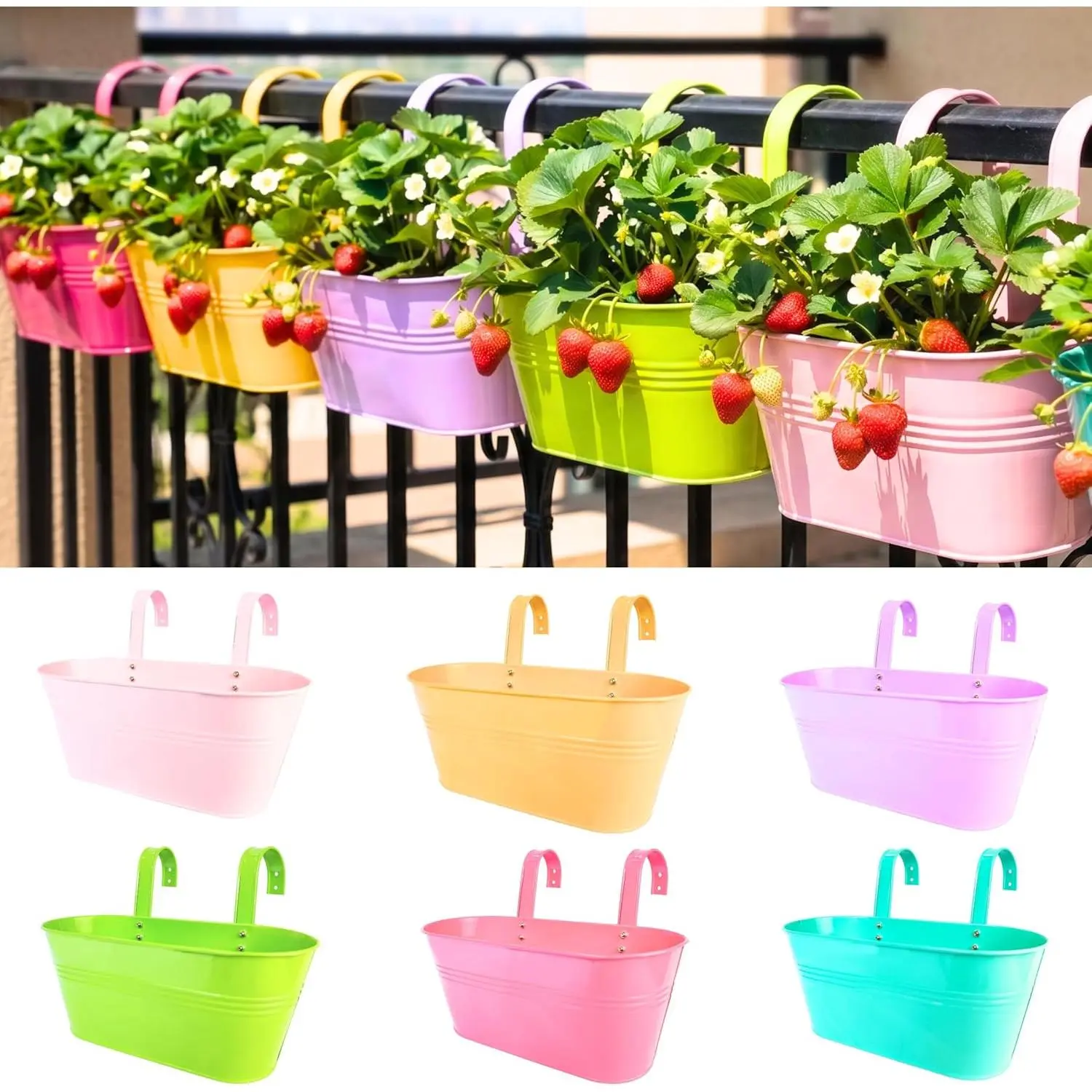 Rail Planter Outdoor Plants (6 Pack, 9.8 Inch) Metal Iron Strawberry Hanging Flower Pots Deck Railing, Colorful Fence Bucket Modern Countryside Wall Mount Window Box Plant Holder Porch Decor