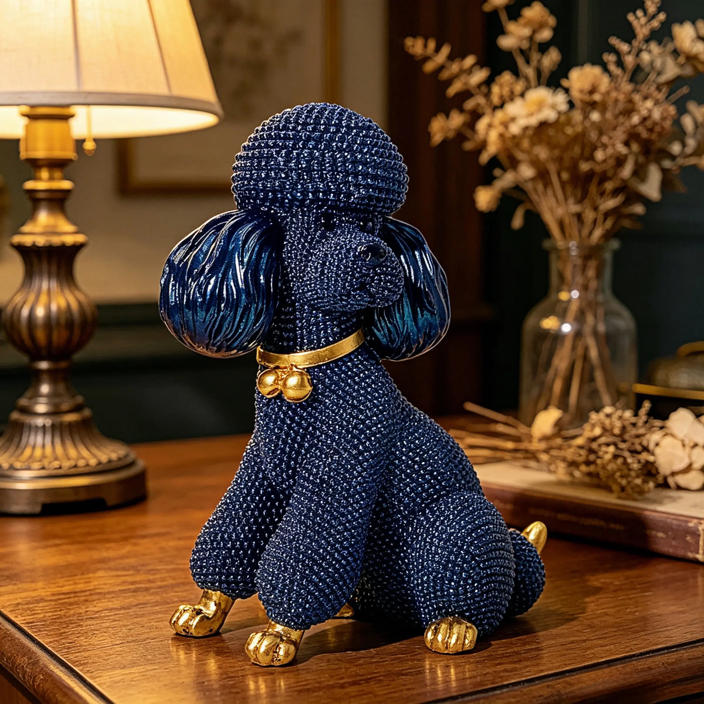 Resin Poodle Statue Ornament, Resin Animal Figurines, Beaded Dog Sculpture with Bell, Home Office Decor, Ideal Gift for Dog Lovers, Wedding, Christmas, Birthday
