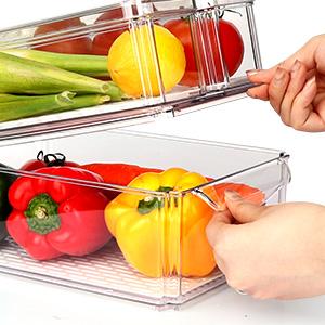 4 Pack Fridge Organizer, Stackable Refrigerator Organizer Bins with Lids, BPA-Free Fridge Organizers and Storage Containers for Fruit, Vegetable, Food, Drinks, Cereals, Clear
