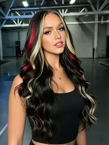 Black, Red, and Blonde Wavy Wig, 13X4 Synthetic Lace Wig, HD Transparent Lace Front Wig, Synthetic Fiber Wig for Photoshoots, Parties, Cosplay, and Stage Performances, 28 Inches