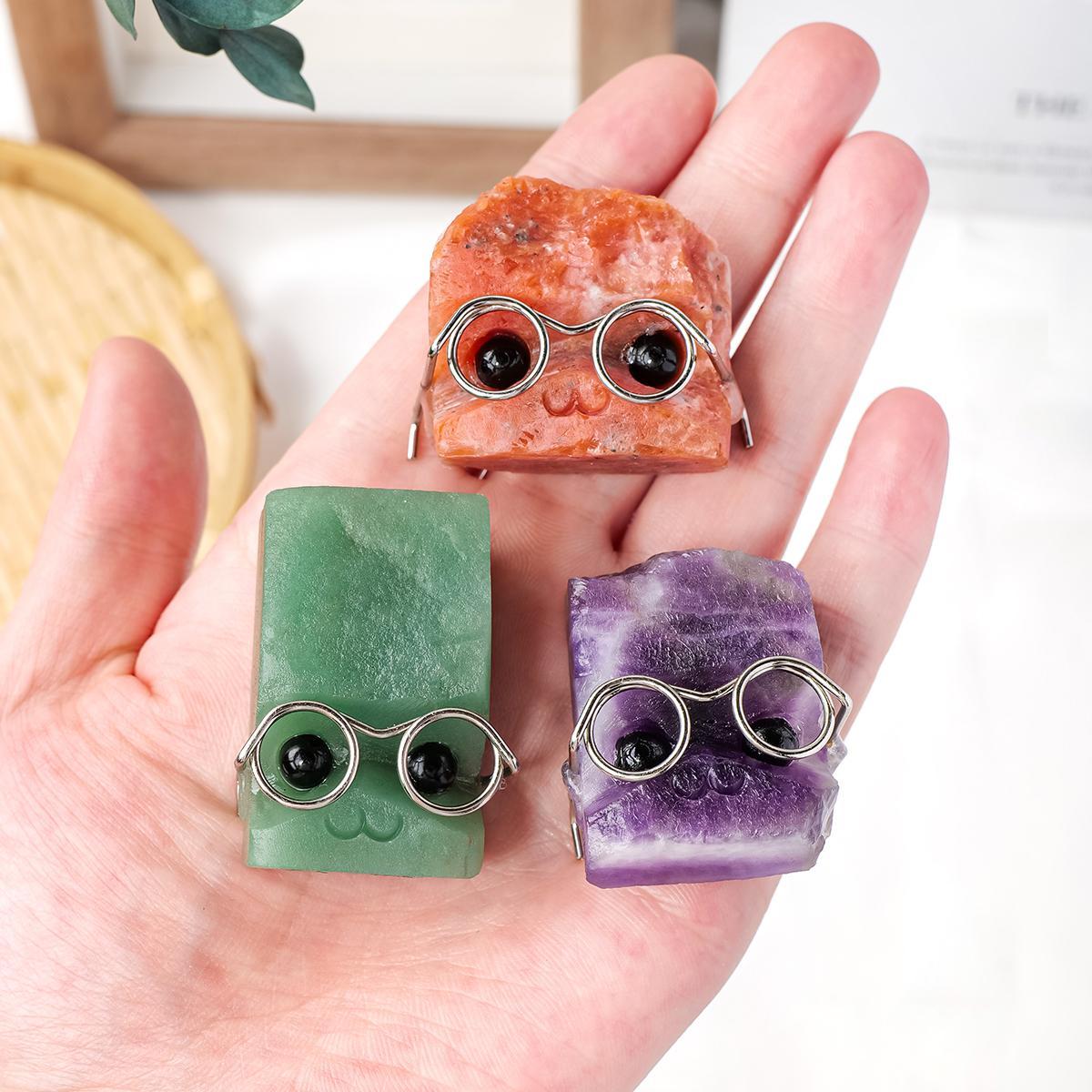 Random Color Natural Crystal Gemstone Pet Figurines with Glasses, 1/3/5 Counts DIY Handmade Crystal Carving Fengshui Sculptures, Pet Memorial Ornaments, Home Garden Decor Natural Crystal Set #GLOBAL PICKS