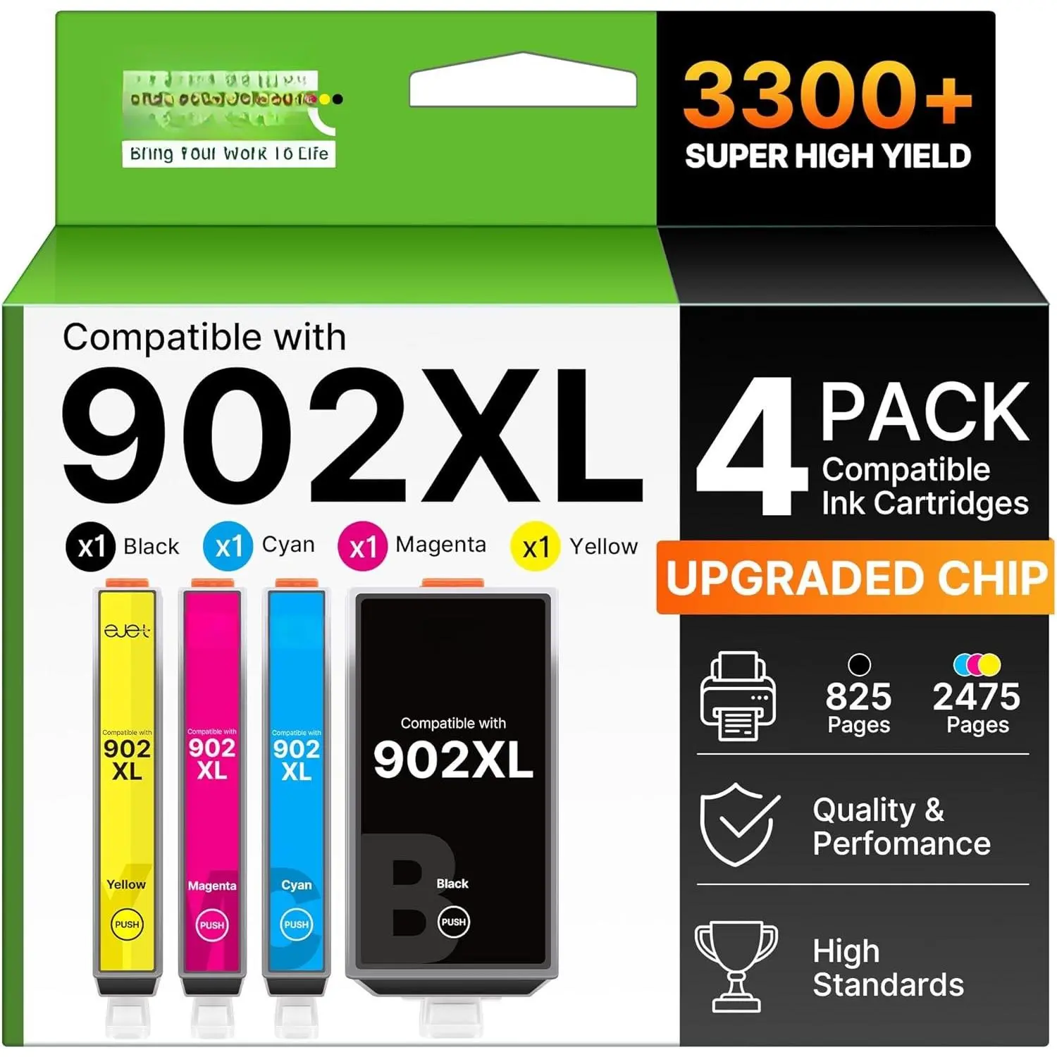 902XL Ink Cartridges for  Printers  for  902XL Ink Cartridges Combo Pack Work with Offic Pro 6978 6968 6970 6975 Offic 6958 6956 6954 Printers (4 Pack:Black Cyan Magenta Yellow)