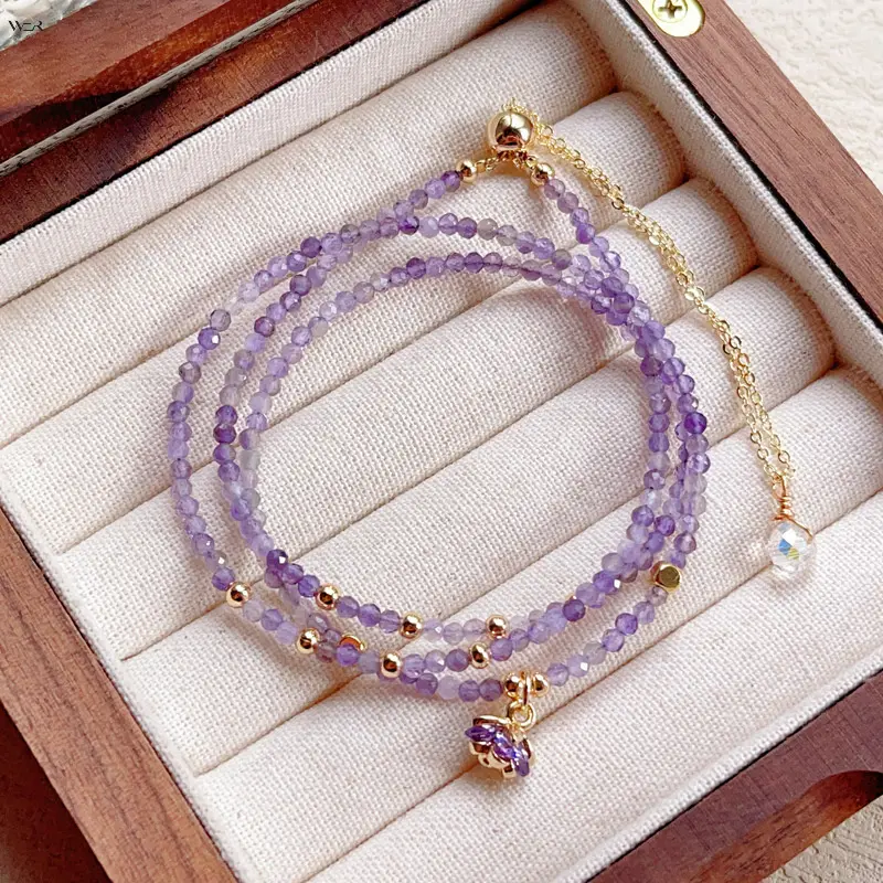 Dainty 3 Strand Natural Pale Purple Amethyst Tiny Beaded Bracelet for Women, Mini Amethyst Flower Pendant, Gold Adjustable Extension Chain, Calming Lucky Stackable Crystal Jewelry Gift