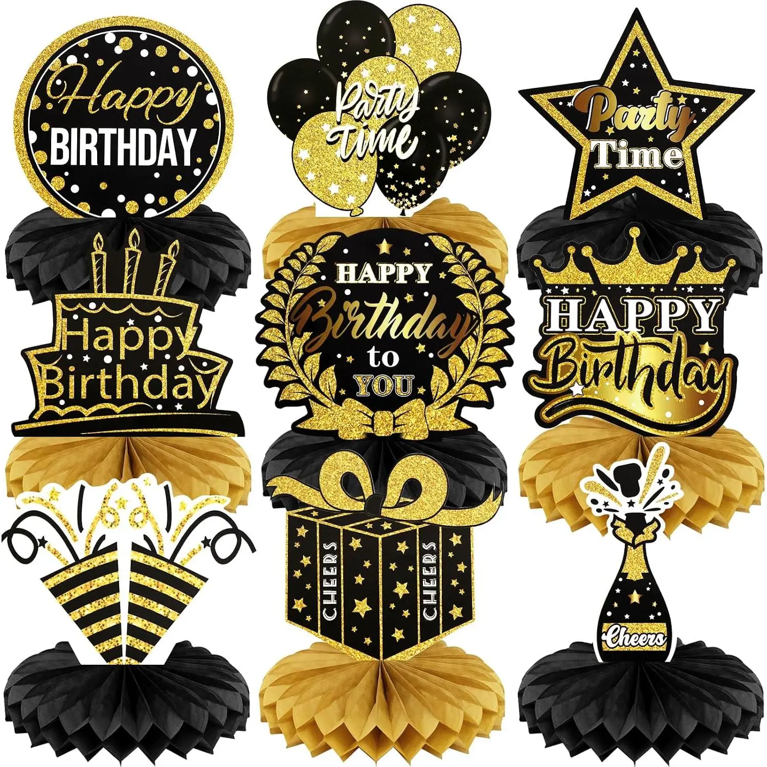 9 count Happy Birthday Party Table Decorations | Black and  Birthday Center Pieces for Table | Birthday  Table Centerpieces |  Birthday Table Toppers for Girls Boys Women Men