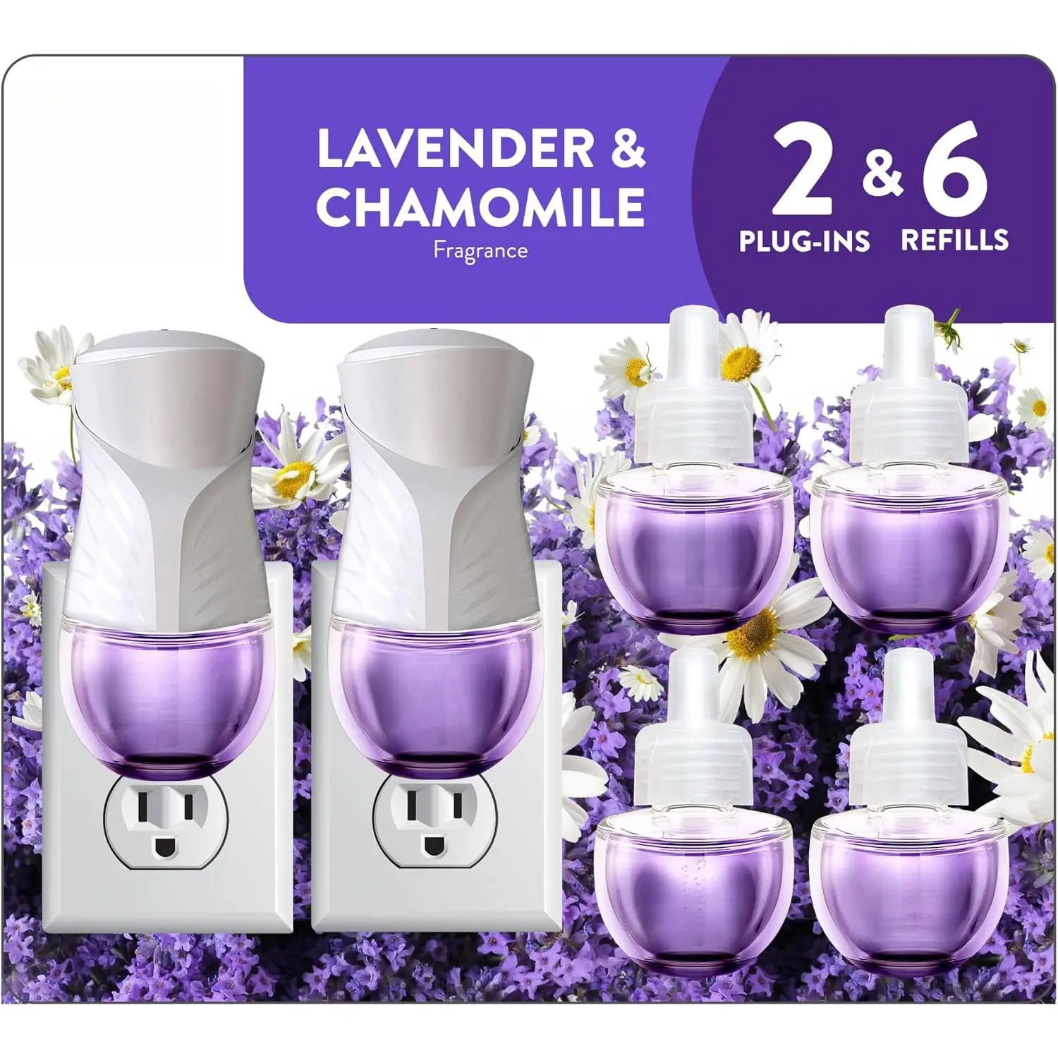 Plug in Scented Oil Starter Kit, 2 Warmers + 6 Refills, Lavender & Chamomile, Eco Friendly, Essential Oils, Air Freshener