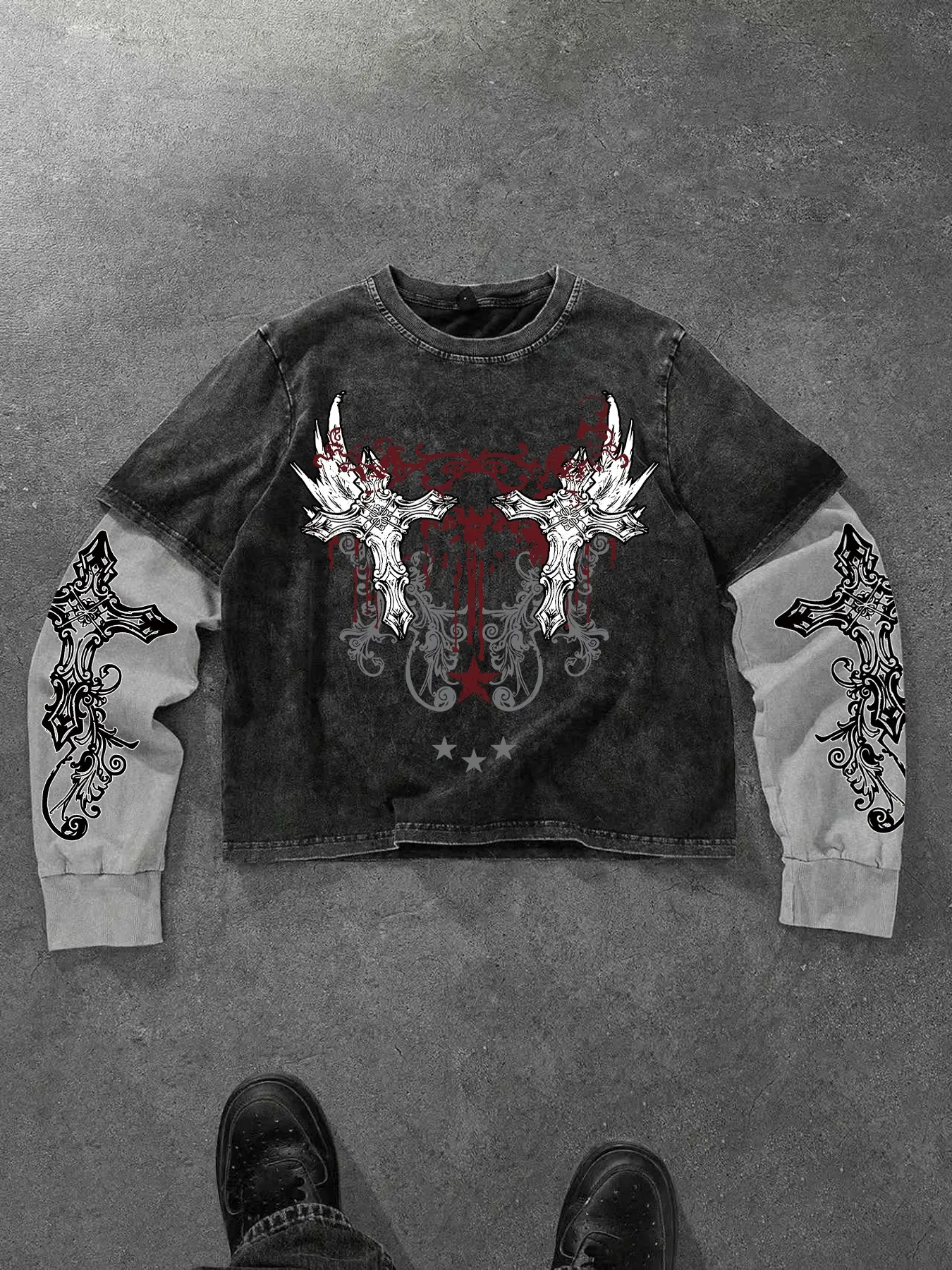 Y2K Grunge Goth Long Sleeve Crewneck T-Shirt Menswear Men Women Fake Two Piece Layered Top Vintage Acid Wash Cross Graphic Print Tee Streetwear Casual OOTD
