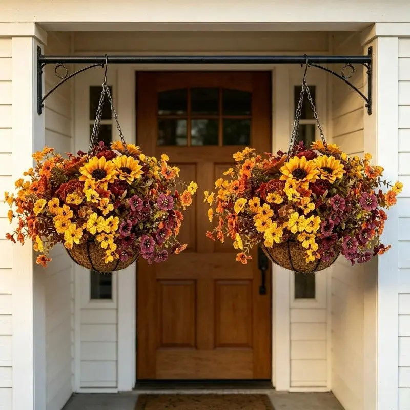 2 Sets Autumn Artificial Hanging Flower Baskets, Sunflower Arrangement, UV-Resistant, Weatherproof, Metal Chain, Ideal for Home Decor