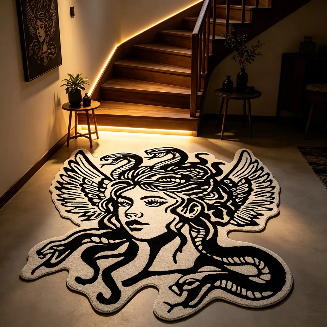Black and white double winged snake hair goddess alien carpet retro mythological plush floor mat staircase foyer anti slip foot mat suitable for dark minimalist/medieval art home decoration