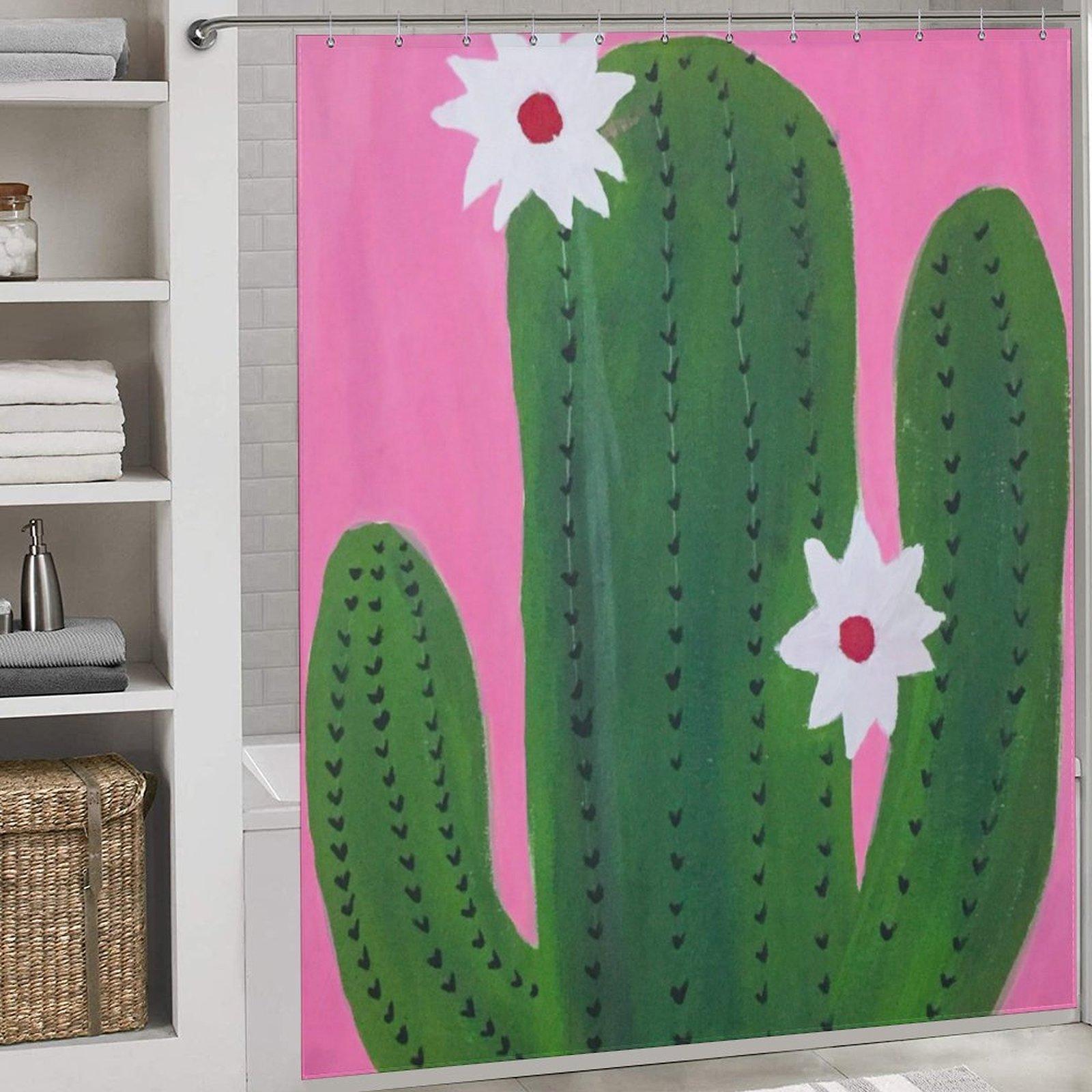 Boho Cactus Flower Print Shower Curtain, Pink Green Waterproof Bath Curtain, Southwest Desert Aesthetic Bathroom Decor, Cute Cactus Bath Accessory with Hooks