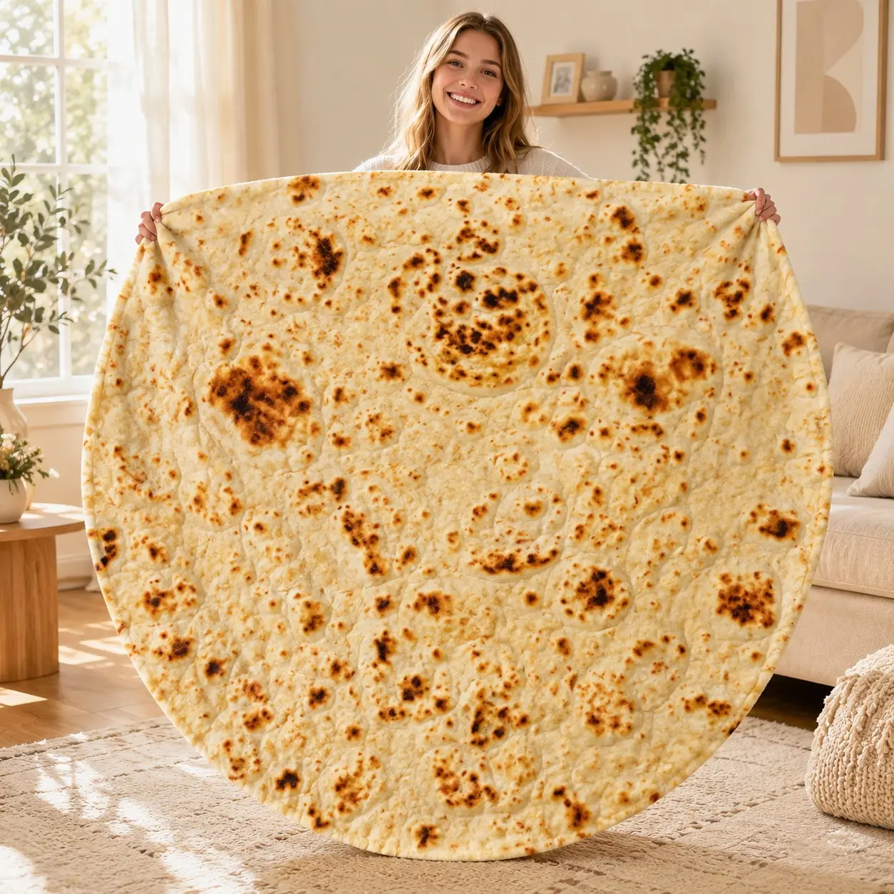 1pc Realistic Mexican Tortilla Round Fleece Blanket, Authentic Burnt Spot Flatbread Texture Food Shape Print, Funny Novelty Food Style. Soft Warm Cozy Nap Throw, Multi-use for Sofa, Bed, Office, Shawl, Camping, Perfect Christmas Gift.