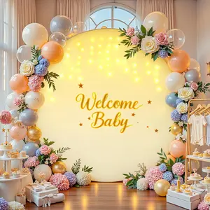 7.2 FT Beige Round Backdrop Cover with Lights String for Circle Arch Stand Circle Backdrop Covers with LED Fairy Lights for Wedding Arch Bridal  Shower Birthday Party Photo Photography Background
