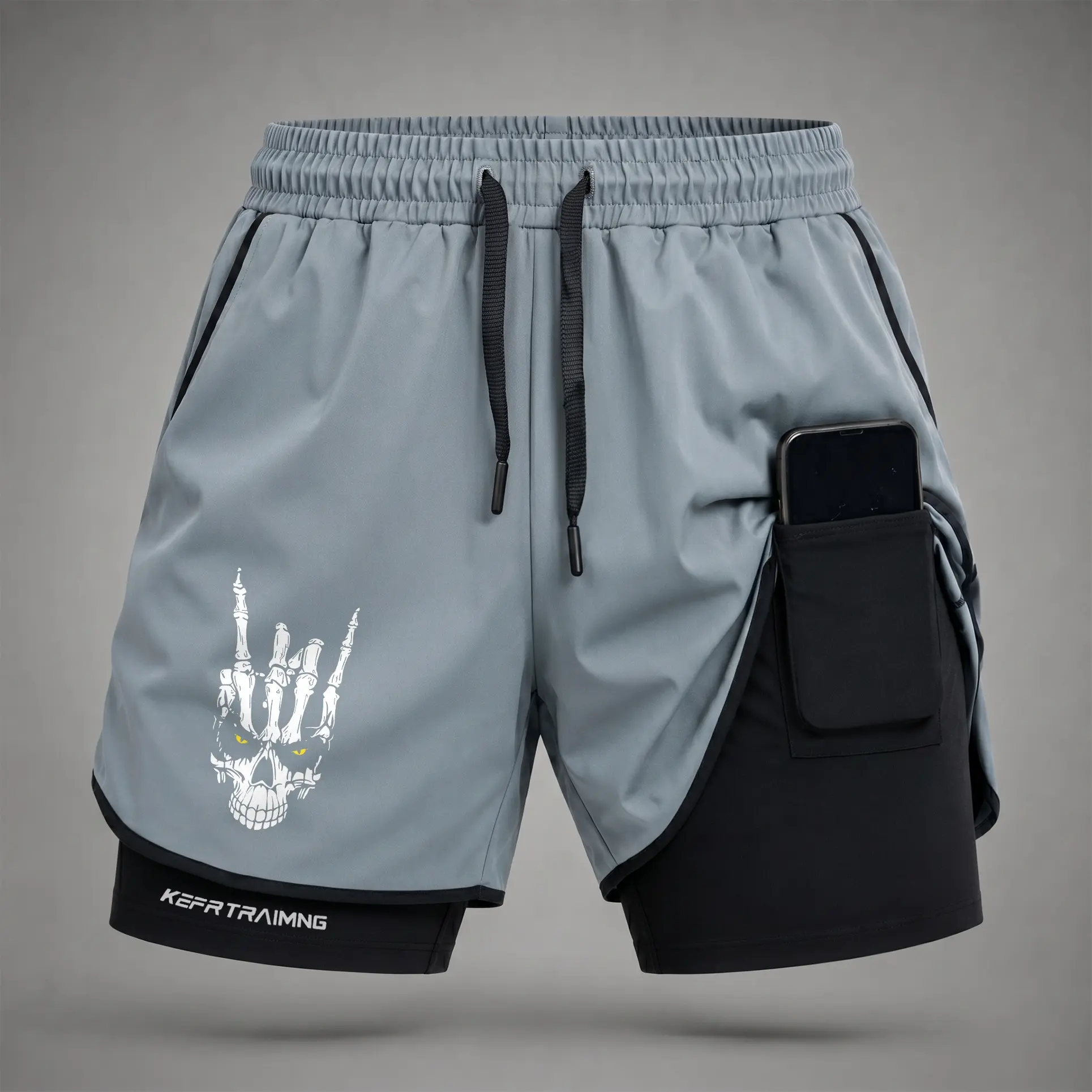 Men’s Skull Rock Hand Graphic Print 2-in-1 Athletic Shorts, Built-in Compression Liner, Secure Inner Phone Pocket, Elastic Drawstring Waist, Quick-Dry Gym Running Training Shorts for Summer Daily Wear