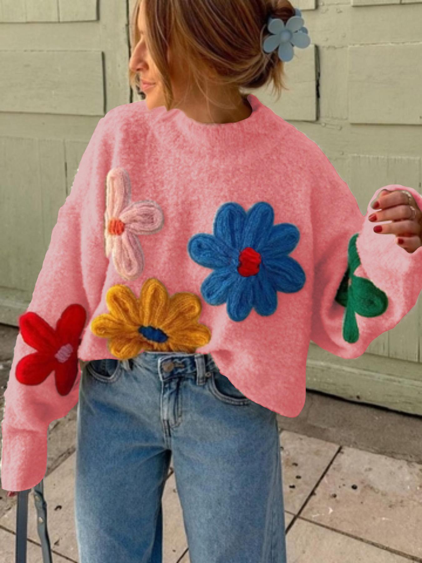 Plus Size Colorblock Floral Embroidered Drop Shoulder Sweater Pullover Knitwear, Casual Long Sleeve Mock Neck Jumper for Fall & Winter, Women's Plus Clothing for Daily Wear