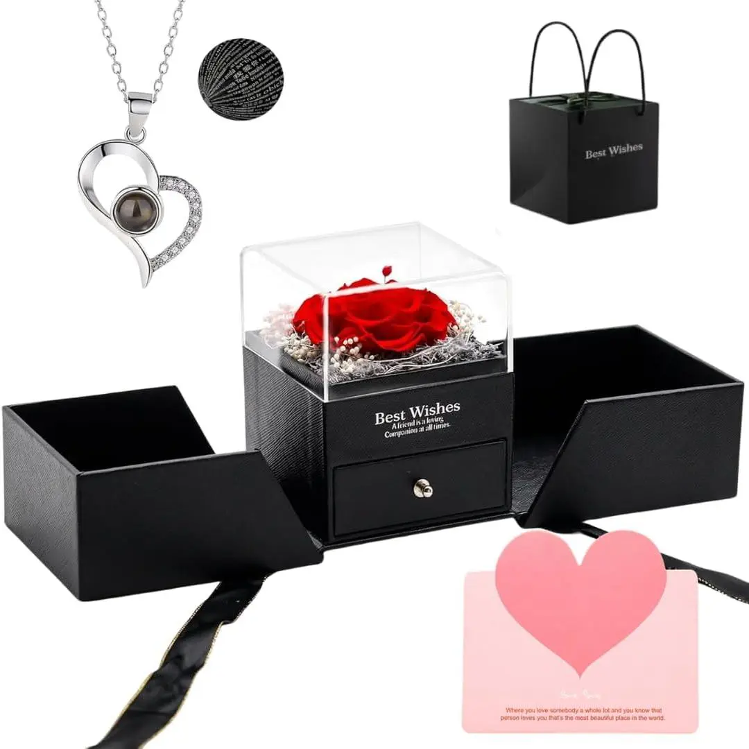 for Mom - Preserved Real Rose with Heart I Love You Necklace in 100 Languages, Eternal Red Forever Flower Romantic  for Wife Girlfriend Grandma Birthday  Wishes Box