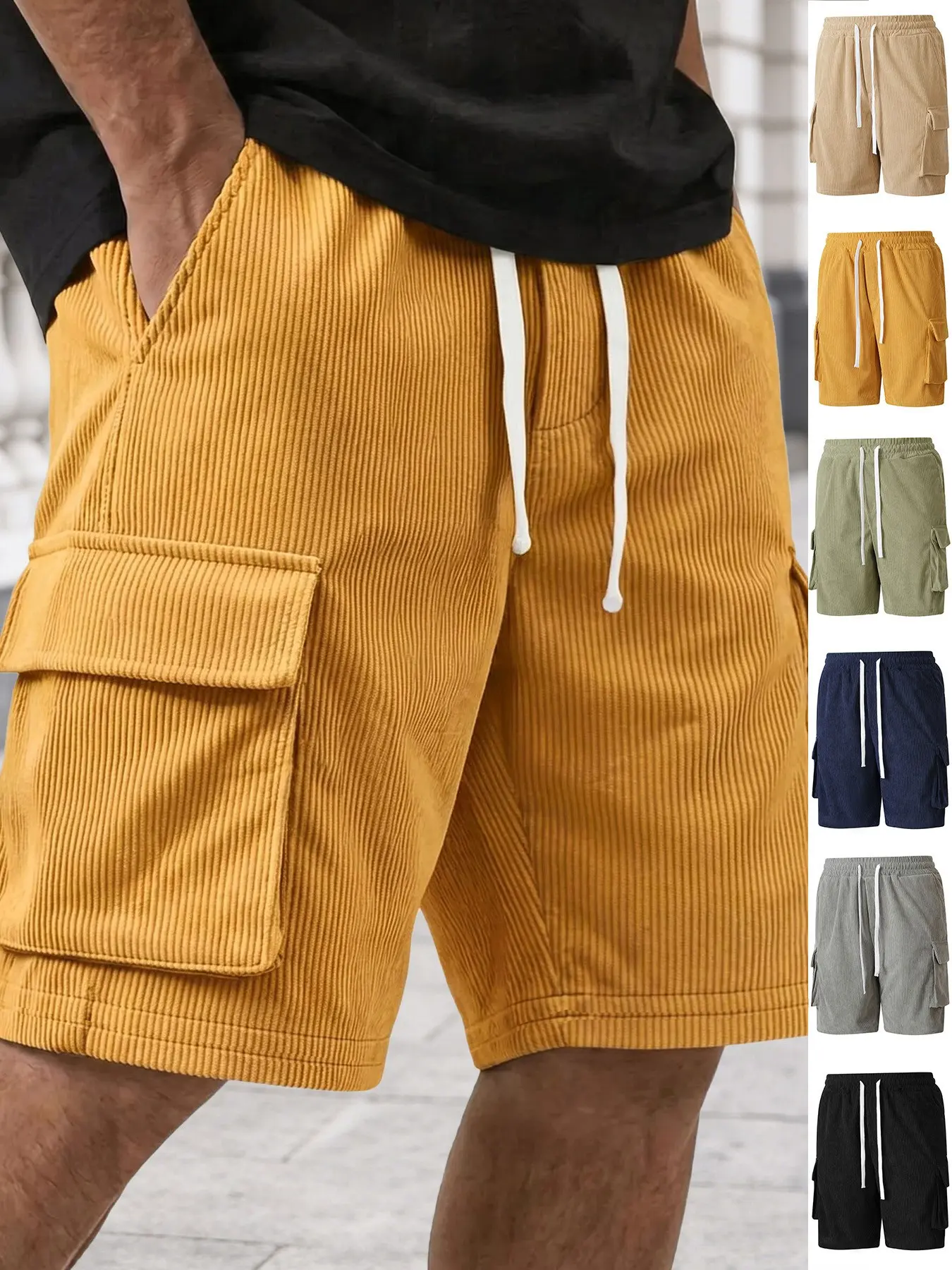 Men's Corduroy Cargo Shorts, Drawstring Elastic Waist Casual Shorts, Multi Pocket Summer Streetwear Bottoms, Outdoor Daily Wear, Classic Men's Apparel, Clearance Deal, Trending Essential, Essential for Man's Wardrobe