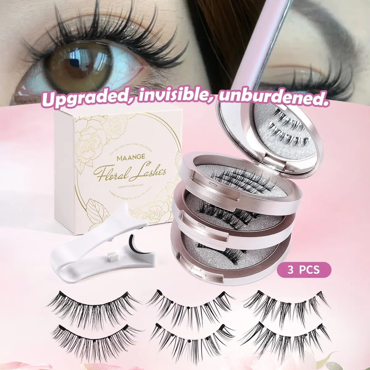 MAANGE 3 Pairs Magnetic Lashes, 3 Styles D Curl Invisible False Eyelashes, No Glue with Applicator, Lightweight & Reusable, Natural Wispy Effect, Easy for Beginners, Wispy Volume Set