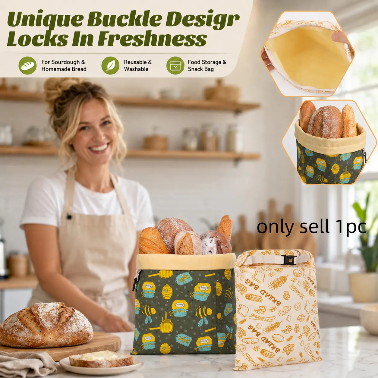Reusable Beeswax Bread Bags, 17x13 Inch Washable Food Storage Bag with Buckle Closure, Breathable Beeswax-Coated Wrap, Kitchen Food Storage, for Sourdough Loaves, Homemade Bread, Snacks, Freezer, Fridge, Travel, Home Baking and Daily