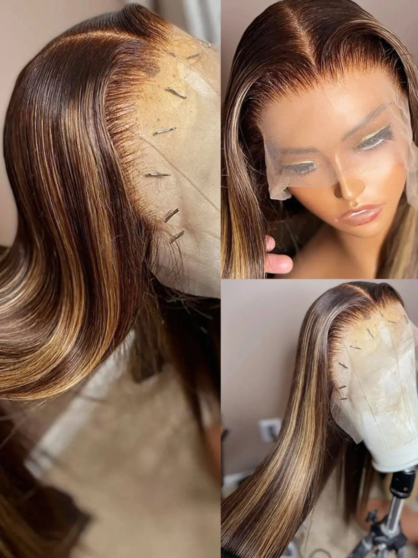 Highlight Blonde Brown Soft Long 26 Inch 180 Density Natural Silky Straight Front Lace Synthetic Fiber Wig, Glueless Heat Resistant Synthetic Hair, Daily Wear Pre-plucked