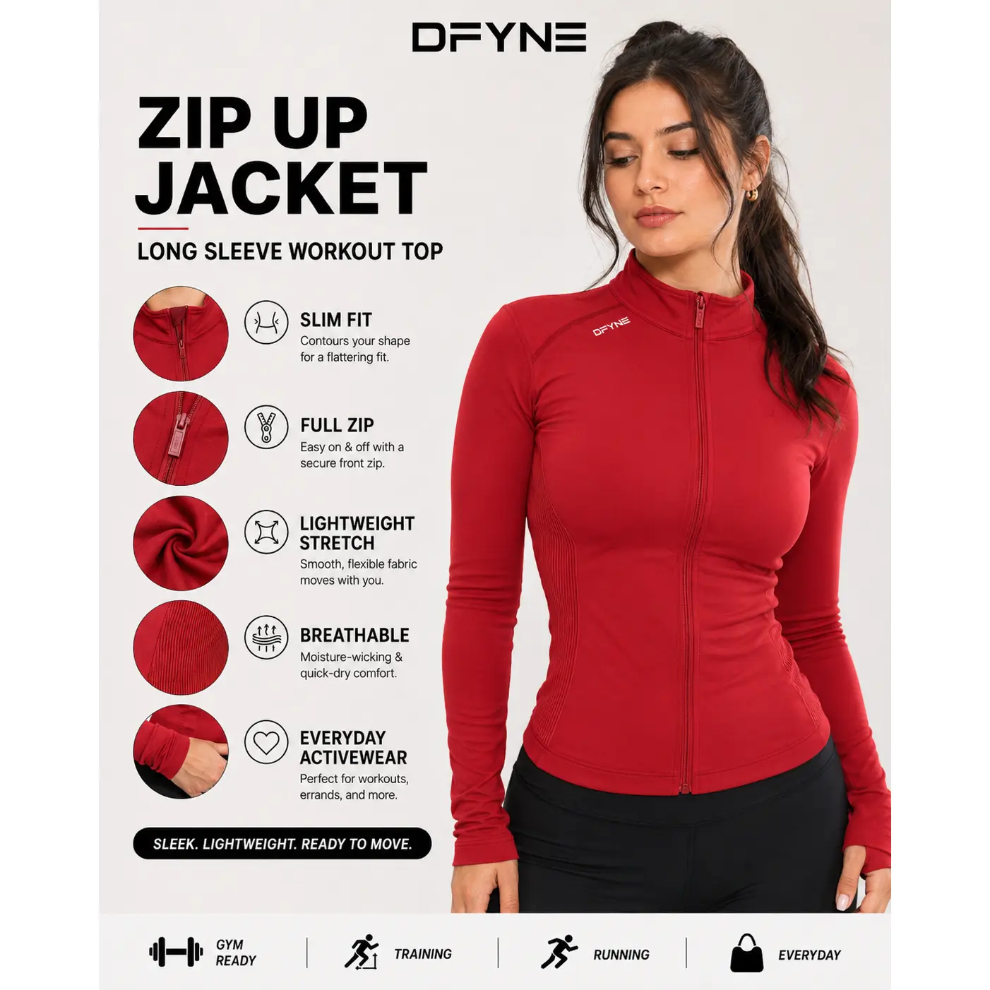 DFYNE Women’s Zip Up Workout Jacket, Slim Fit Long Sleeve Yoga Gym Top, Lightweight Running Activewear Jacket,seamless