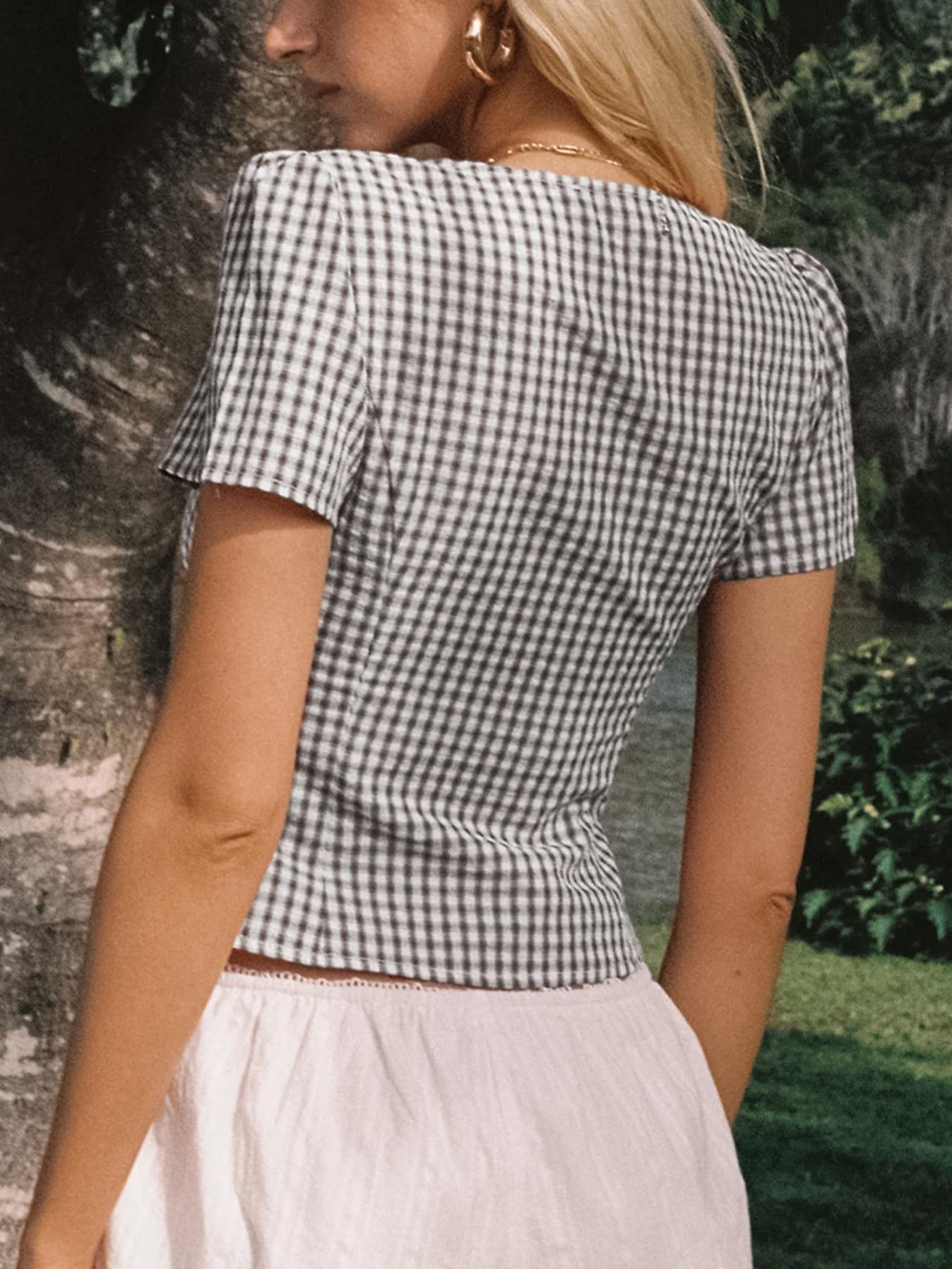 Women's Plaid Print V-Neck Short Sleeve Blouse, Casual Top for Summer, Fashion Women's Top for Daily Wear, Classy Top