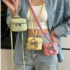 Macaron Mini Box Crossbody Bag | Pebble Leather Tiny Coin Purse with Heart Bead Chain Lipstick Earphone Storage Bag