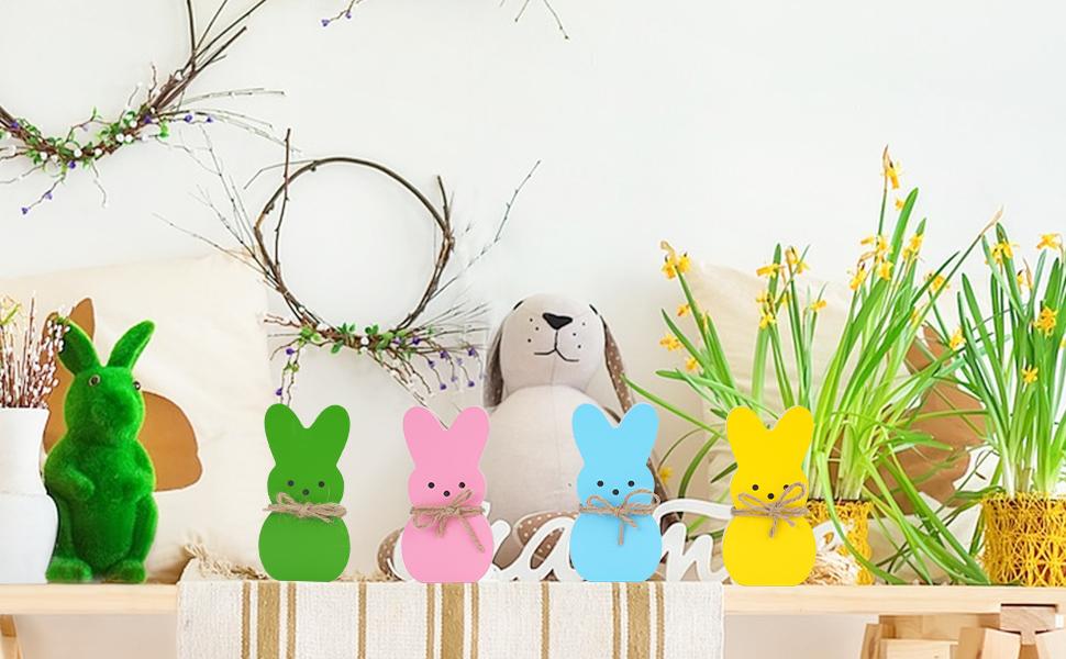 Easter Décor, 4 Pcs Bunny Table Decorations Wooden Spring Signs for Home, Wood Rabbit Tiered Tray/Mantal Décor for Farmhouse or Office Party Supplies